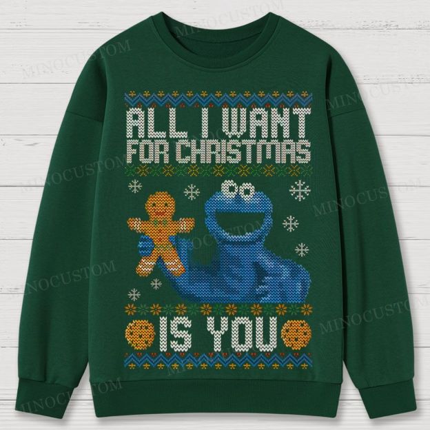 Sesame Street Cookie Monster "All I Want For Christmas Is You" Ugly Sweater Style Cotton Sweatshirts