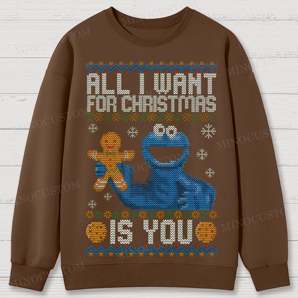 Sesame Street Cookie Monster "All I Want For Christmas Is You" Ugly Sweater Style Cotton Sweatshirts
