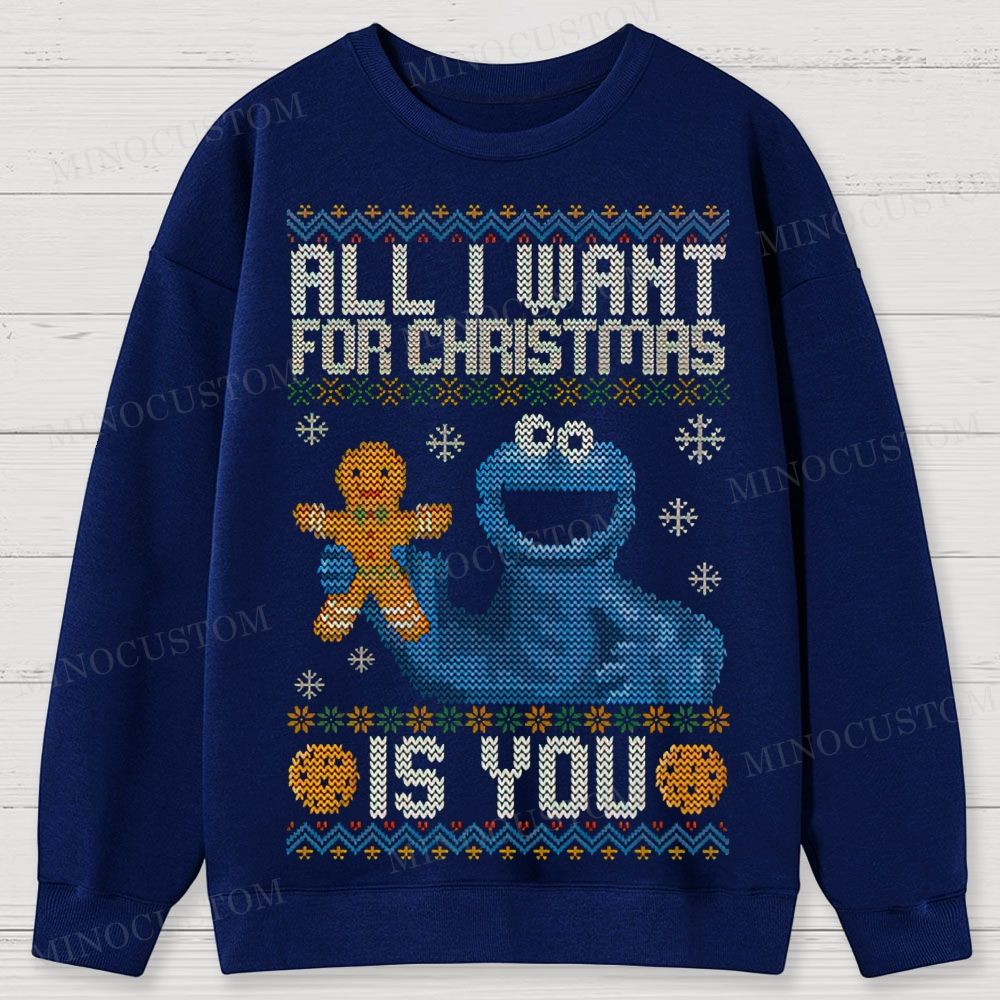 Sesame Street Cookie Monster "All I Want For Christmas Is You" Ugly Sweater Style Cotton Sweatshirts