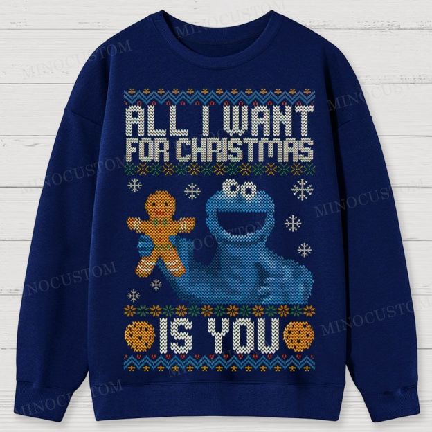 Sesame Street Cookie Monster "All I Want For Christmas Is You" Ugly Sweater Style Cotton Sweatshirts