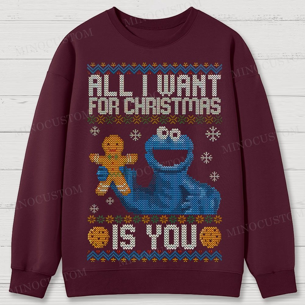 Sesame Street Cookie Monster "All I Want For Christmas Is You" Ugly Sweater Style Cotton Sweatshirts