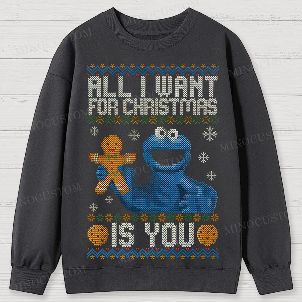 Sesame Street Cookie Monster "All I Want For Christmas Is You" Ugly Sweater Style Cotton Sweatshirts