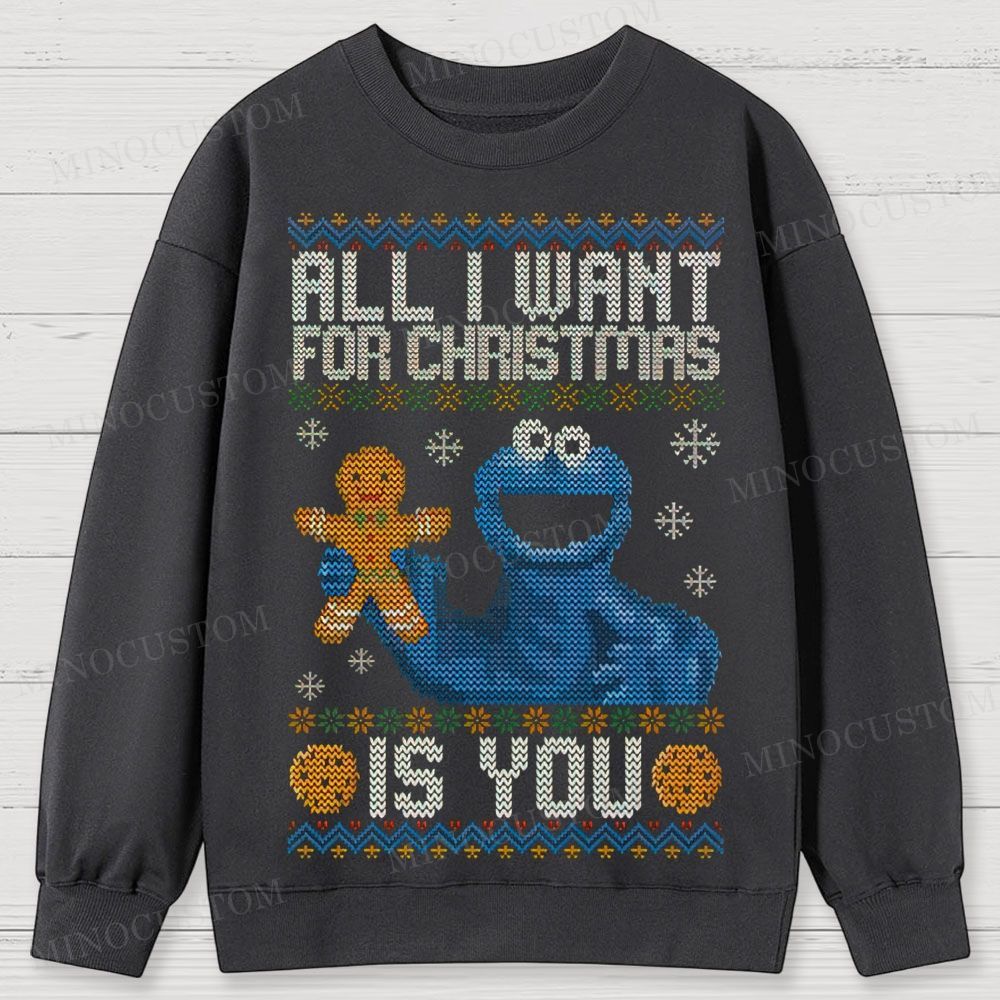 Sesame Street Cookie Monster "All I Want For Christmas Is You" Ugly Sweater Style Cotton Sweatshirts
