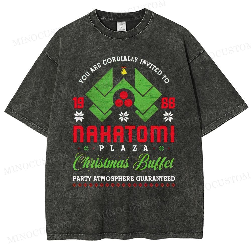 Die Hard Action Thriller "Nakatomi Plaza 1988 Christmas Buffet" Retro Graphic Washed T-Shirt 