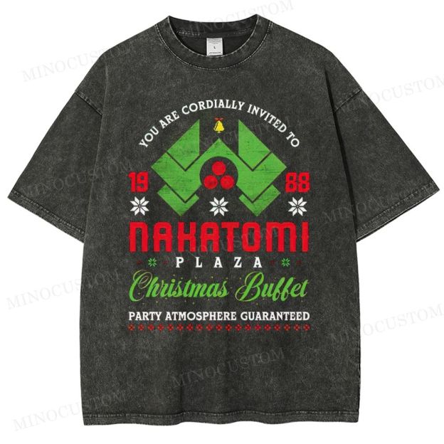 Die Hard Action Thriller "Nakatomi Plaza 1988 Christmas Buffet" Retro Graphic Washed T-Shirt 