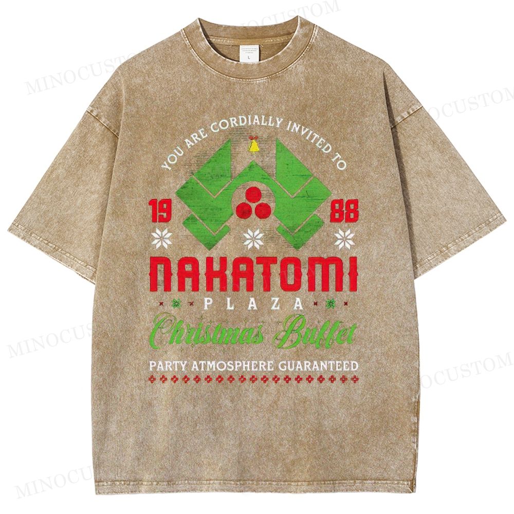 Die Hard Action Thriller "Nakatomi Plaza 1988 Christmas Buffet" Retro Graphic Washed T-Shirt 