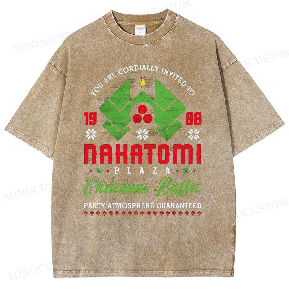 Die Hard Action Thriller "Nakatomi Plaza 1988 Christmas Buffet" Retro Graphic Washed T-Shirt 