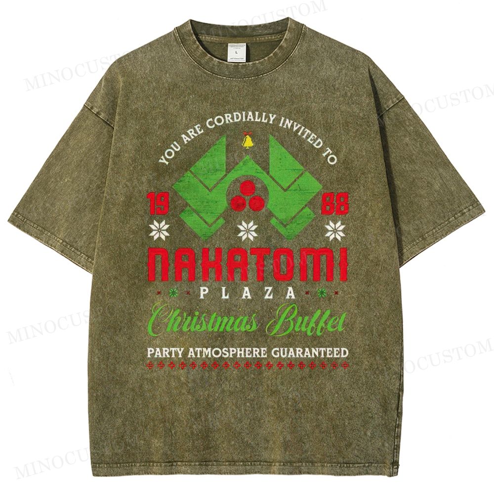 Die Hard Action Thriller "Nakatomi Plaza 1988 Christmas Buffet" Retro Graphic Washed T-Shirt 