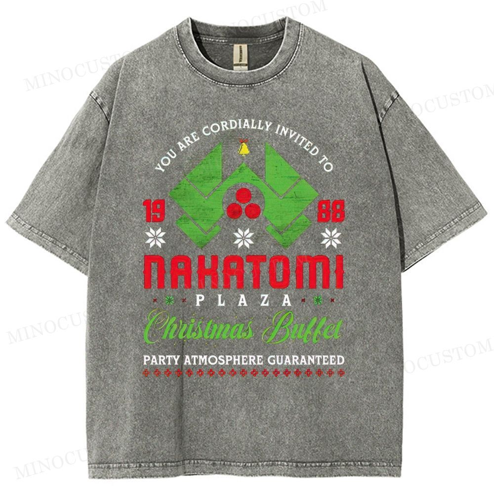 Die Hard Action Thriller "Nakatomi Plaza 1988 Christmas Buffet" Retro Graphic Washed T-Shirt 