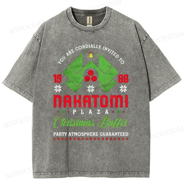Die Hard Action Thriller "Nakatomi Plaza 1988 Christmas Buffet" Retro Graphic Washed T-Shirt 