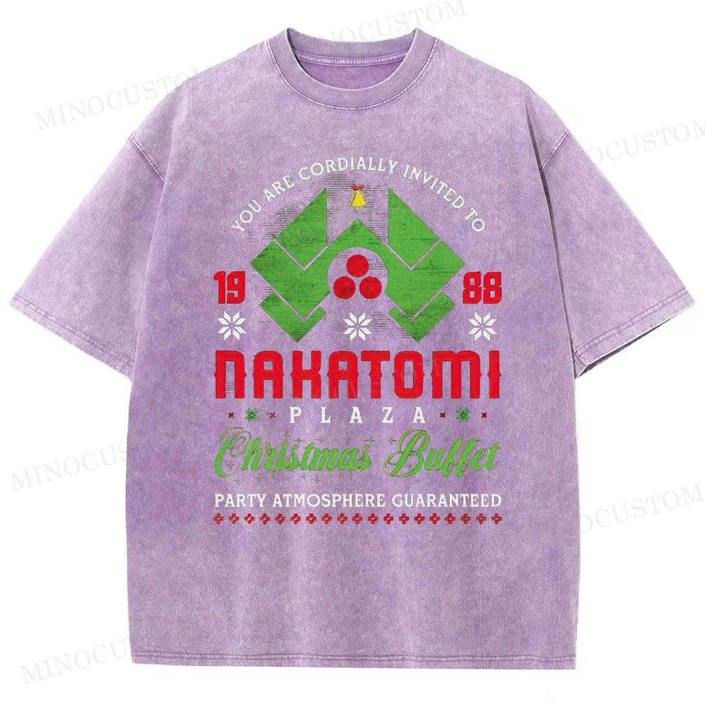 Die Hard Action Thriller "Nakatomi Plaza 1988 Christmas Buffet" Retro Graphic Washed T-Shirt 