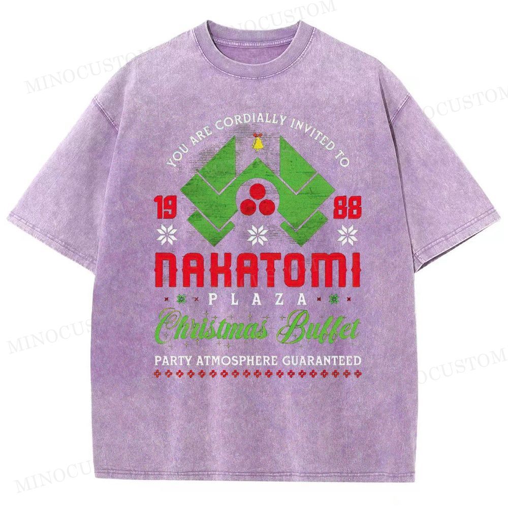 Die Hard Action Thriller "Nakatomi Plaza 1988 Christmas Buffet" Retro Graphic Washed T-Shirt 