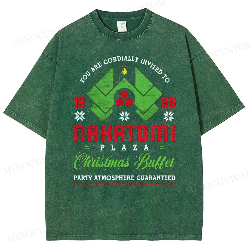 Die Hard Action Thriller "Nakatomi Plaza 1988 Christmas Buffet" Retro Graphic Washed T-Shirt 