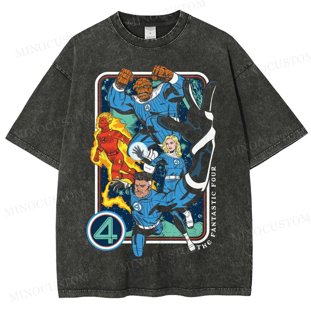 Fantastic Four Superhero Retro Character Collage Graphic Washed T-Shirt 