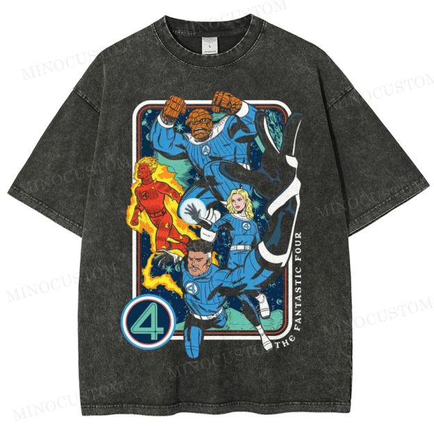 Fantastic Four Superhero Retro Character Collage Graphic Washed T-Shirt 