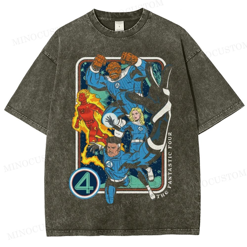 Fantastic Four Superhero Retro Character Collage Graphic Washed T-Shirt