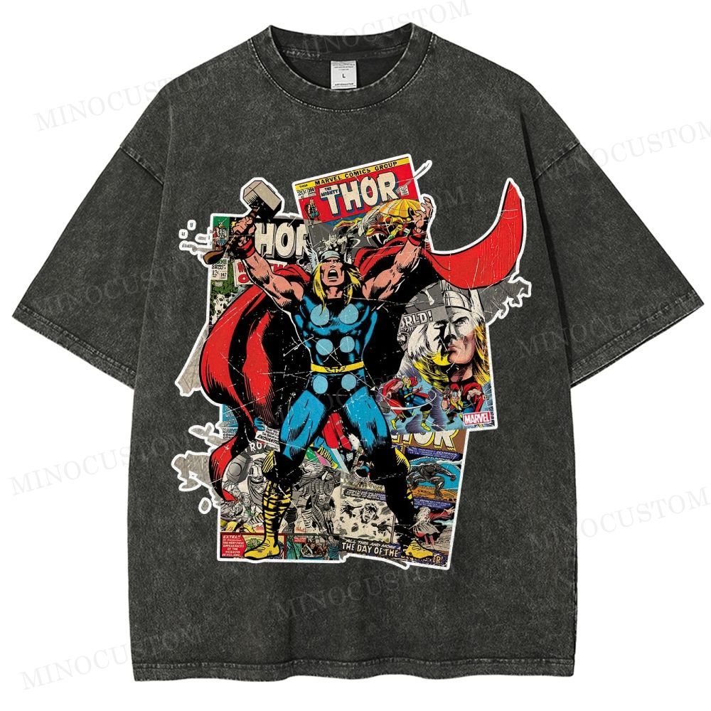 Thor Superhero Retro Comic Collage Graphic Washed T-Shirt 