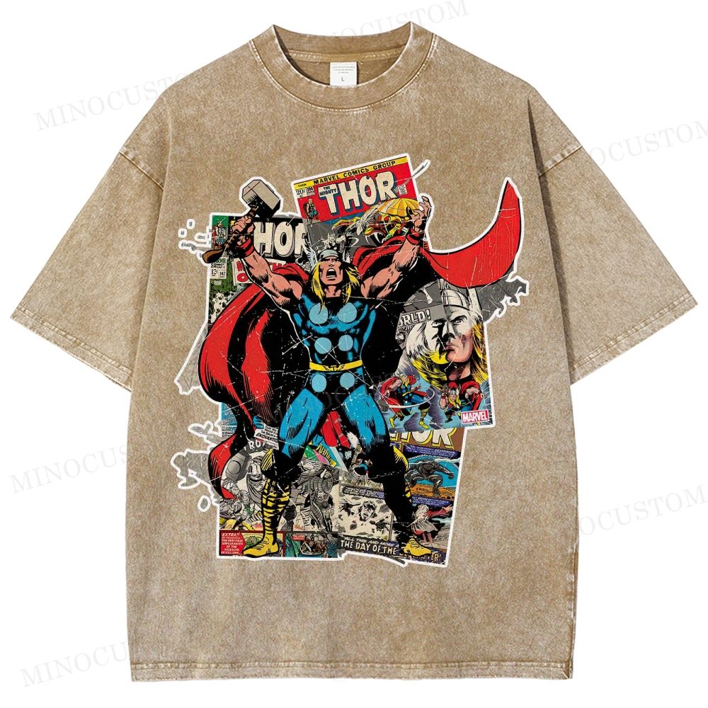 Thor Superhero Retro Comic Collage Graphic Washed T-Shirt 