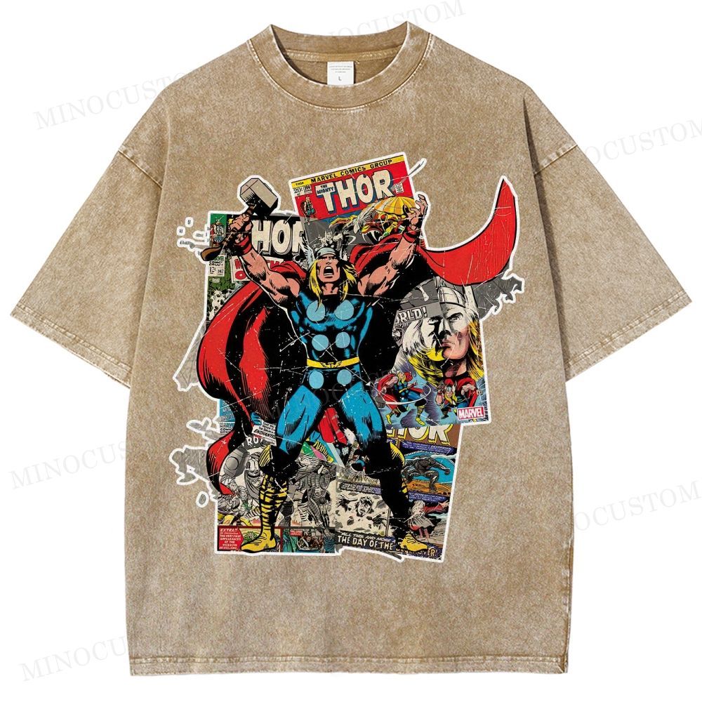 Thor Superhero Retro Comic Collage Graphic Washed T-Shirt 