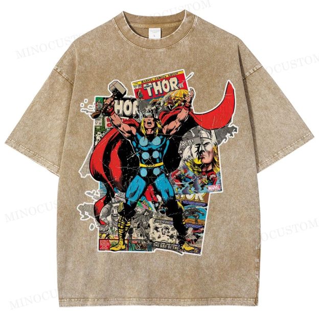 Thor Superhero Retro Comic Collage Graphic Washed T-Shirt 
