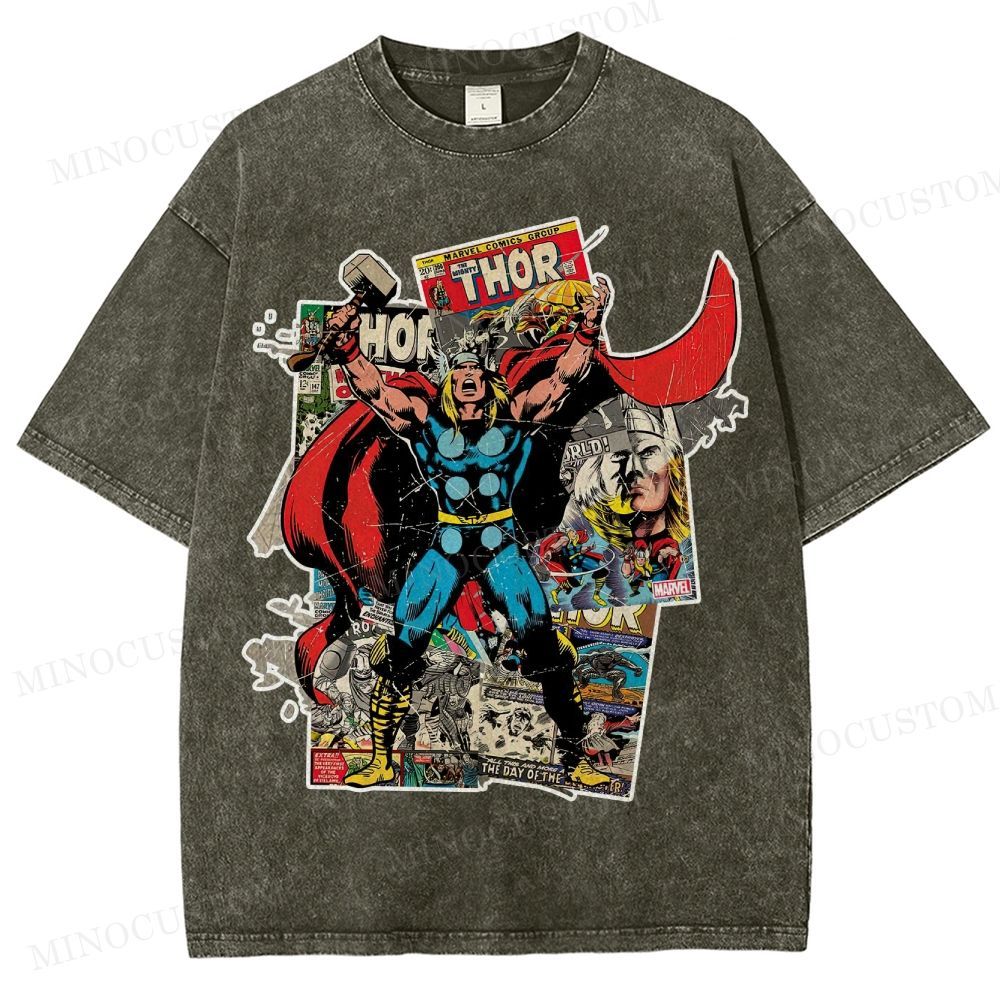 Thor Superhero Retro Comic Collage Graphic Washed T-Shirt 