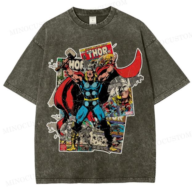 Thor Superhero Retro Comic Collage Graphic Washed T-Shirt 