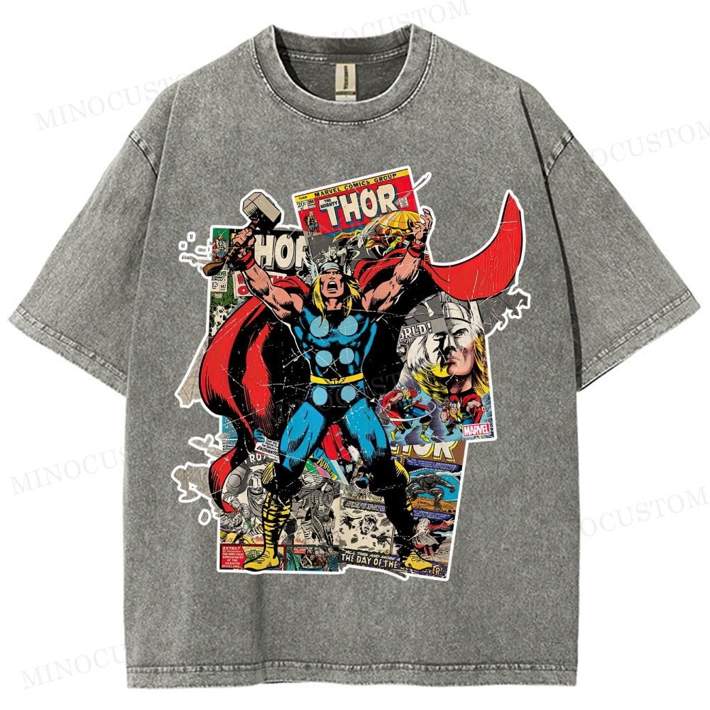 Thor Superhero Retro Comic Collage Graphic Washed T-Shirt 