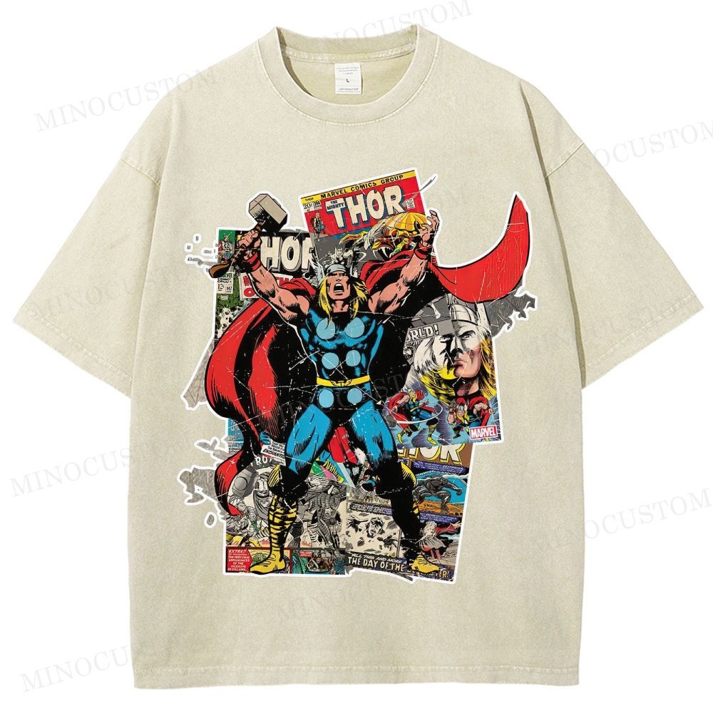 Thor Superhero Retro Comic Collage Graphic Washed T-Shirt 