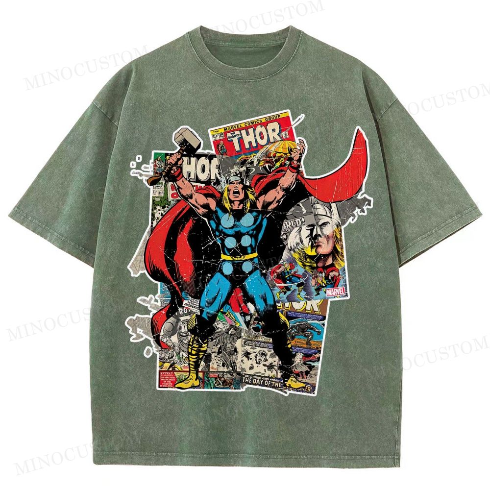 Thor Superhero Retro Comic Collage Graphic Washed T-Shirt 