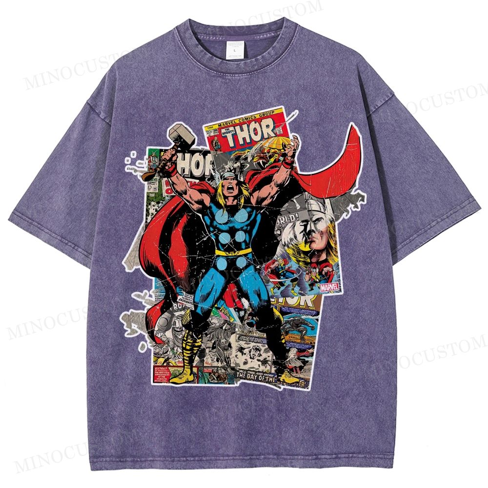 Thor Superhero Retro Comic Collage Graphic Washed T-Shirt 