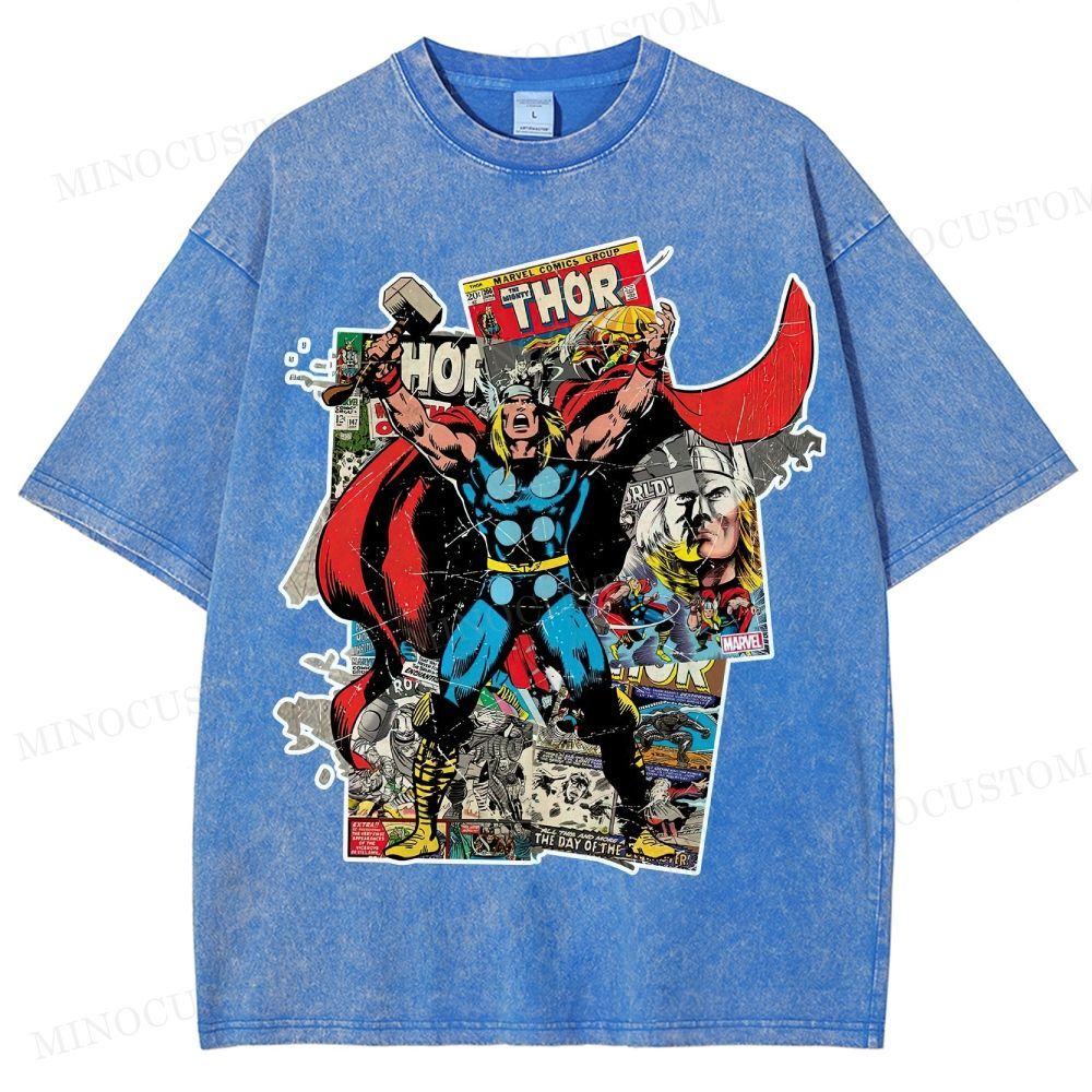 Thor Superhero Retro Comic Collage Graphic Washed T-Shirt 