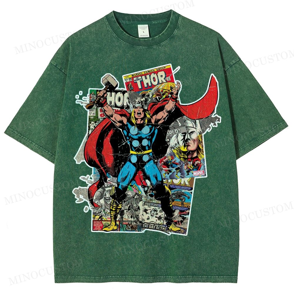 Thor Superhero Retro Comic Collage Graphic Washed T-Shirt 