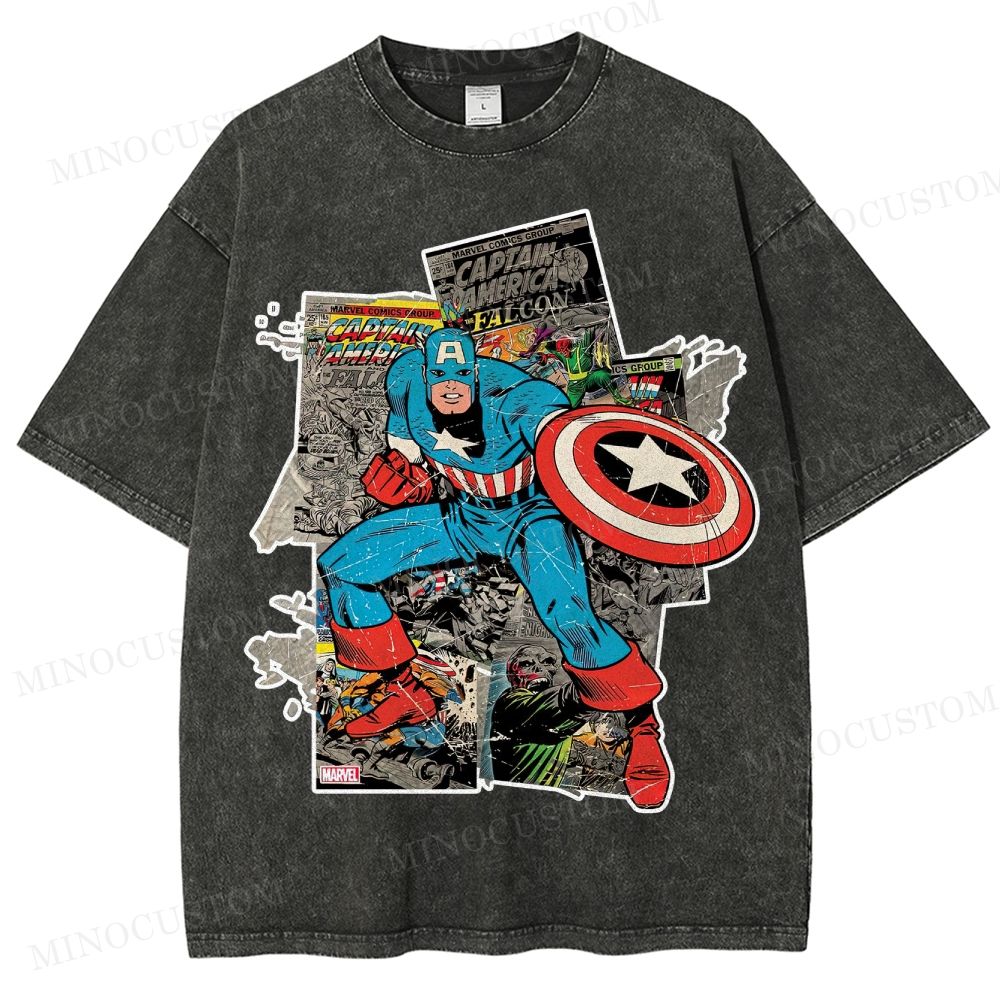 Captain America Superhero Retro Comic Collage Graphic Washed T-Shirt