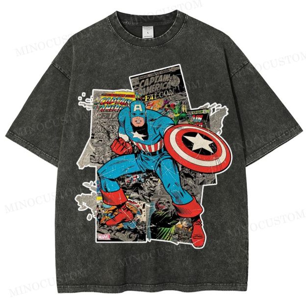Captain America Superhero Retro Comic Collage Graphic Washed T-Shirt