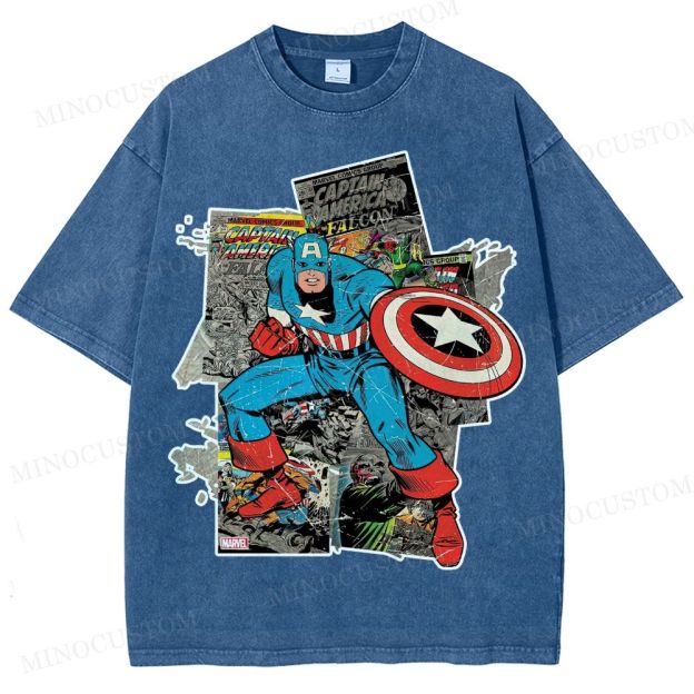 Captain America Superhero Retro Comic Collage Graphic Washed T-Shirt