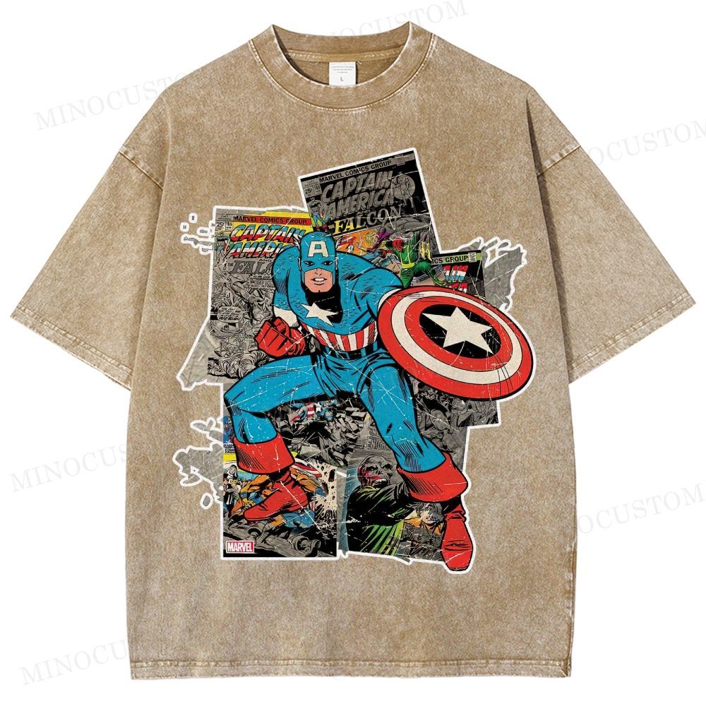 Captain America Superhero Retro Comic Collage Graphic Washed T-Shirt