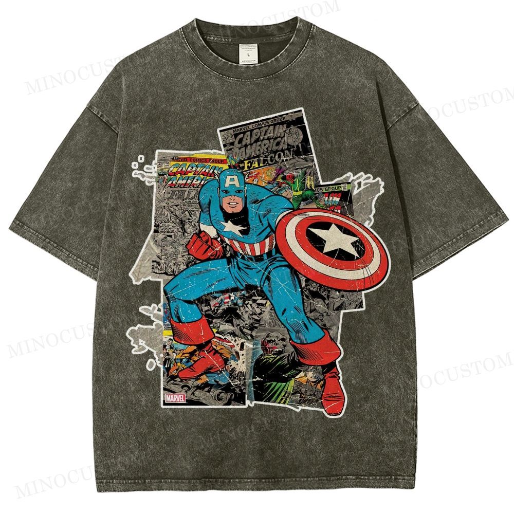 Captain America Superhero Retro Comic Collage Graphic Washed T-Shirt