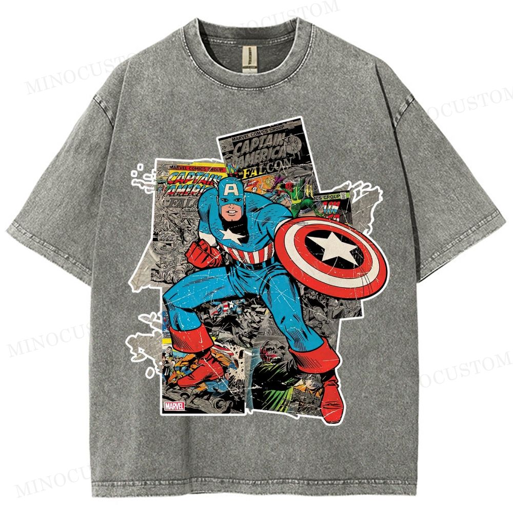 Captain America Superhero Retro Comic Collage Graphic Washed T-Shirt