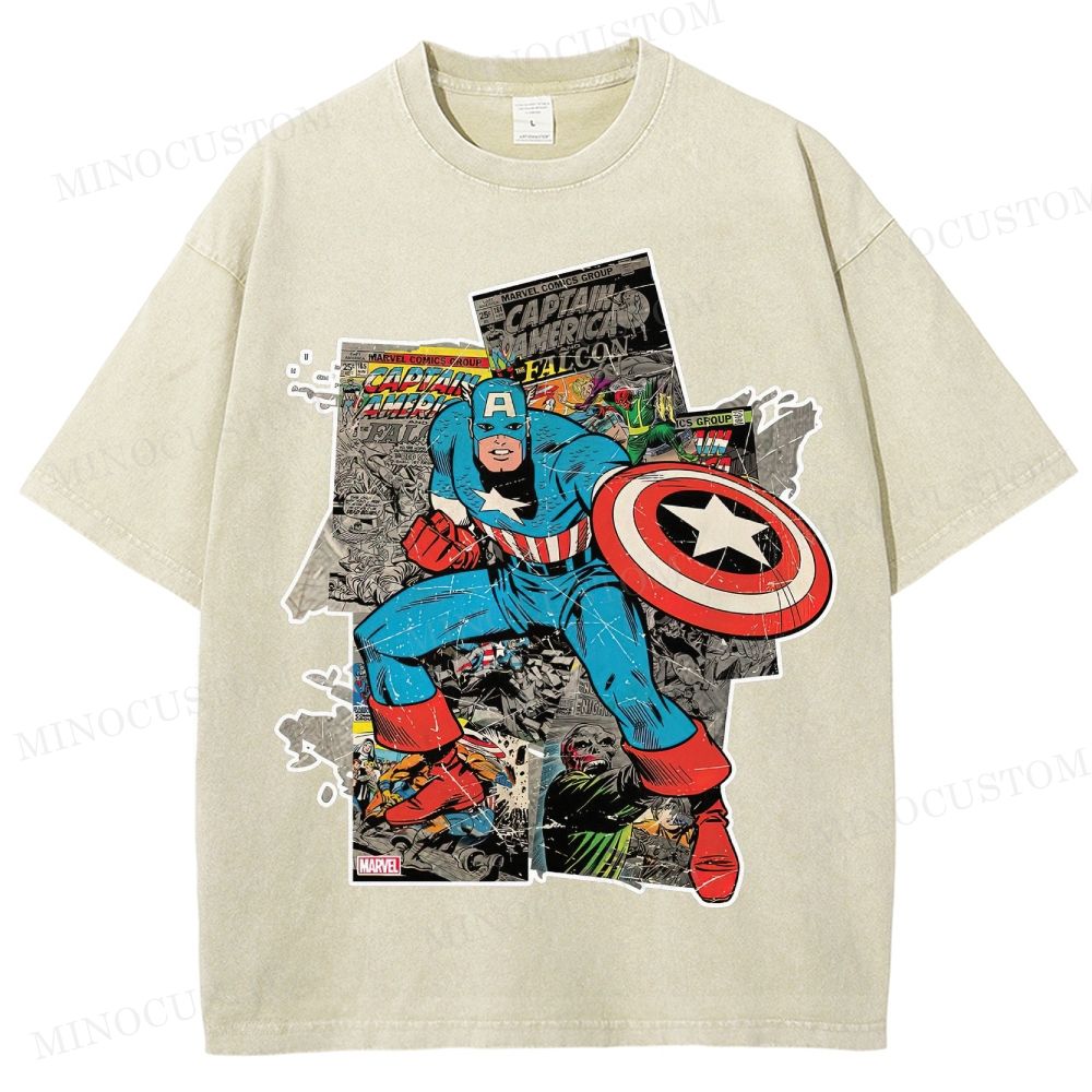 Captain America Superhero Retro Comic Collage Graphic Washed T-Shirt