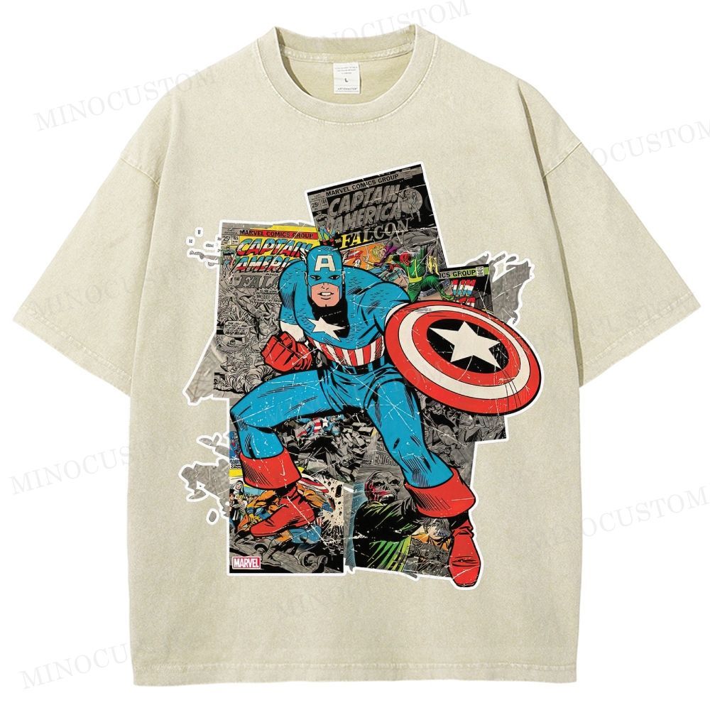 Captain America Superhero Retro Comic Collage Graphic Washed T-Shirt