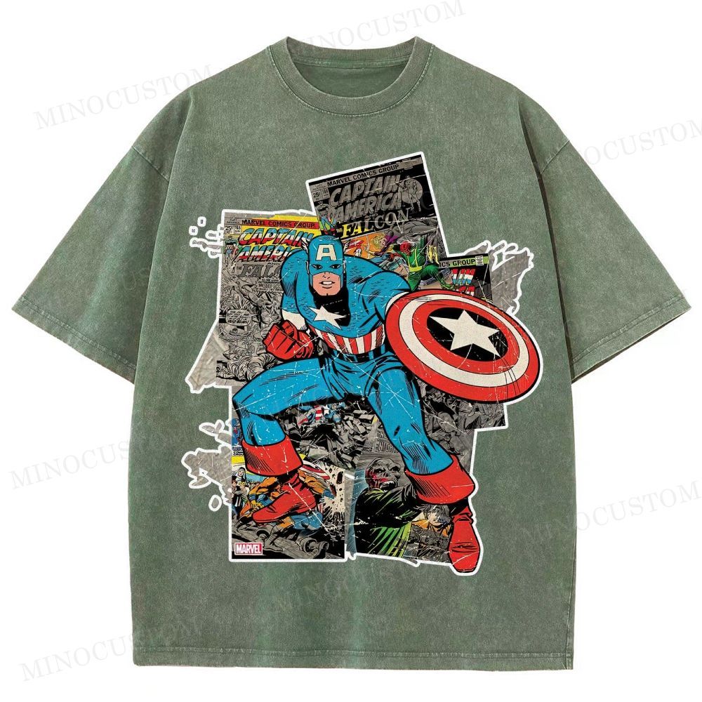 Captain America Superhero Retro Comic Collage Graphic Washed T-Shirt