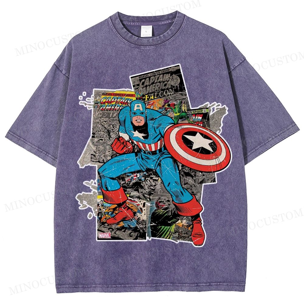 Captain America Superhero Retro Comic Collage Graphic Washed T-Shirt