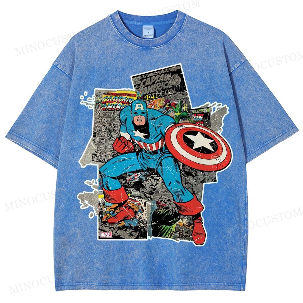 Captain America Superhero Retro Comic Collage Graphic Washed T-Shirt