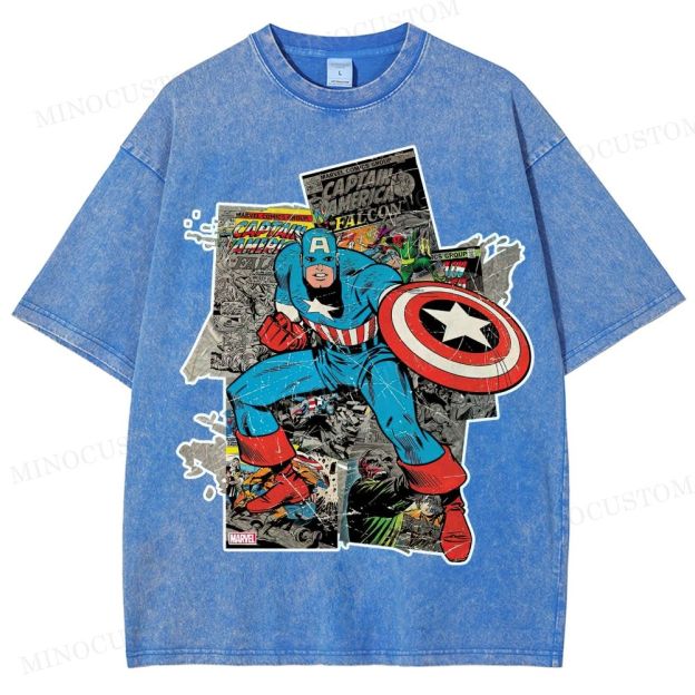 Captain America Superhero Retro Comic Collage Graphic Washed T-Shirt