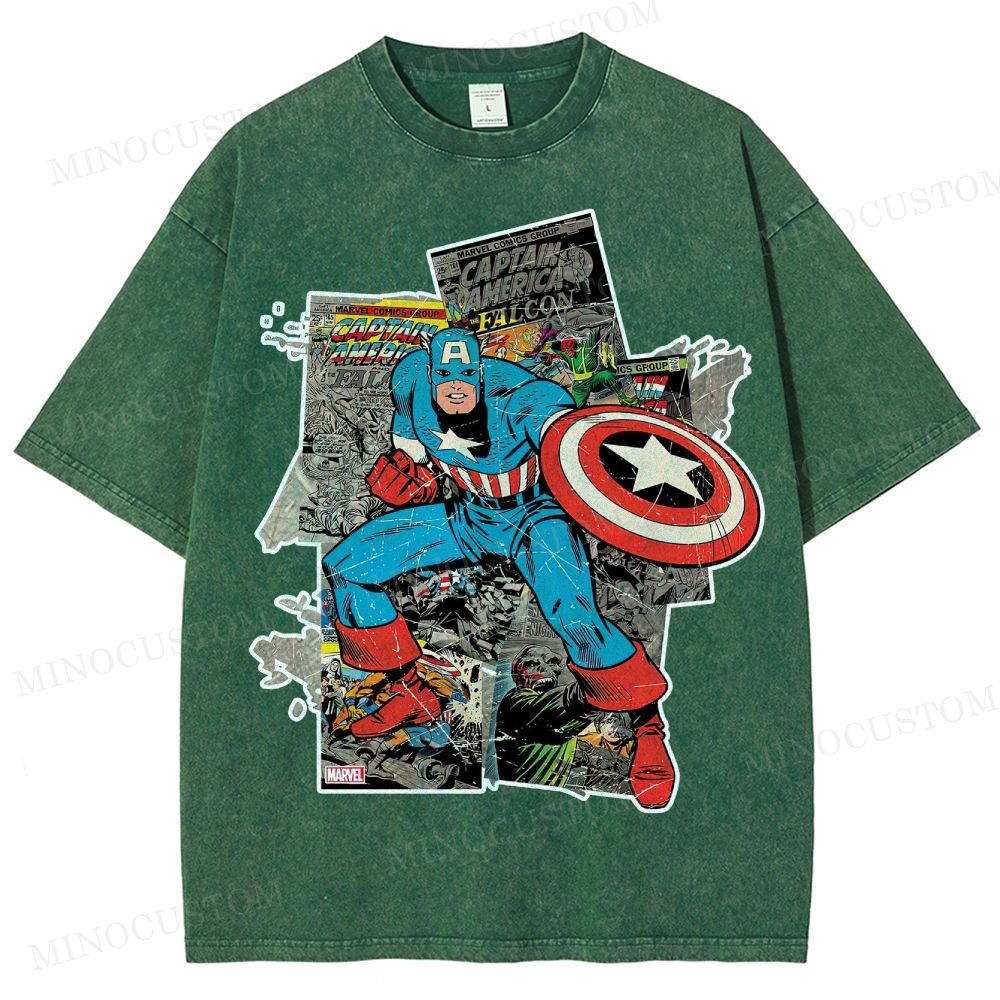 Captain America Superhero Retro Comic Collage Graphic Washed T-Shirt