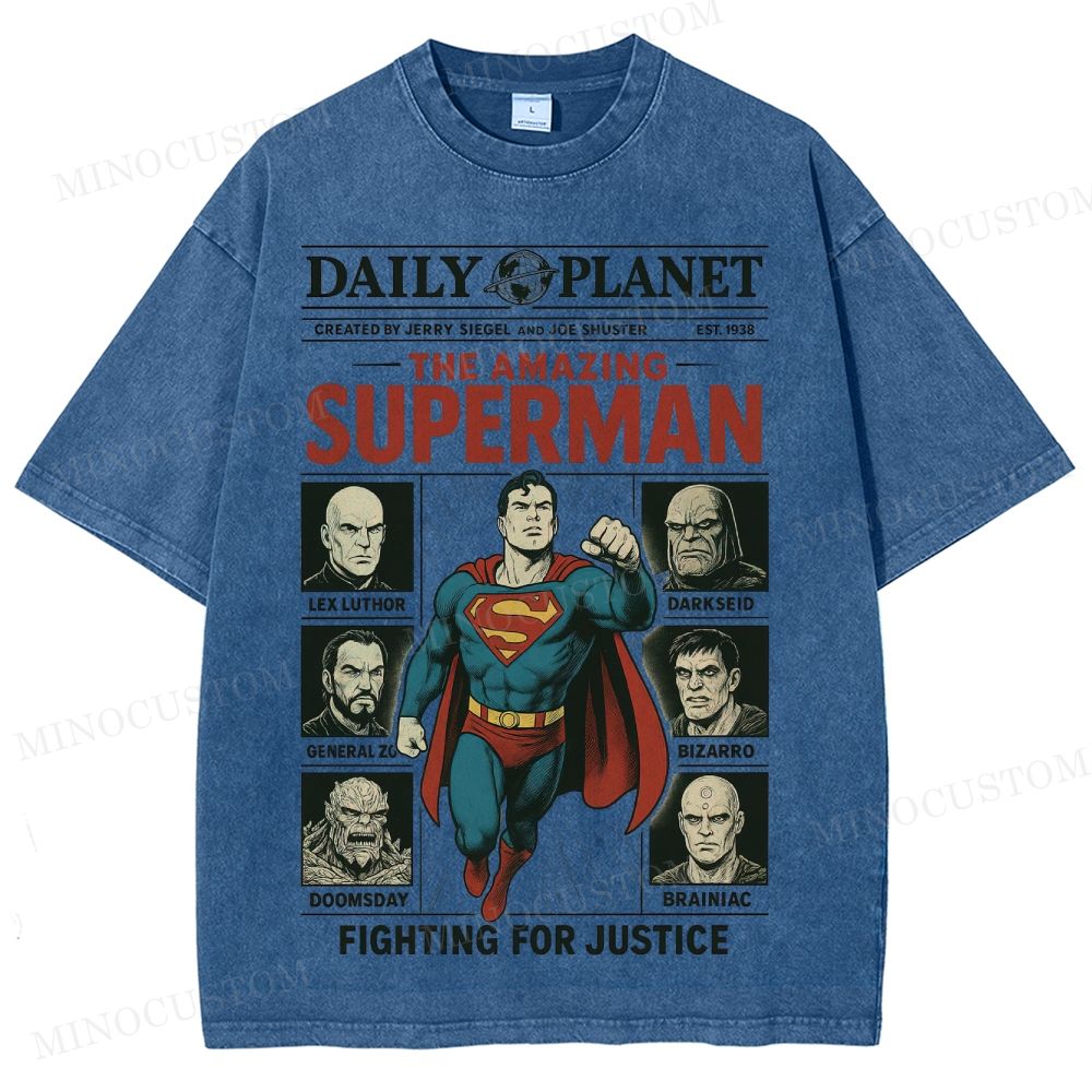 Superman Superhero Retro Comic Collage Graphic Washed T-Shirt