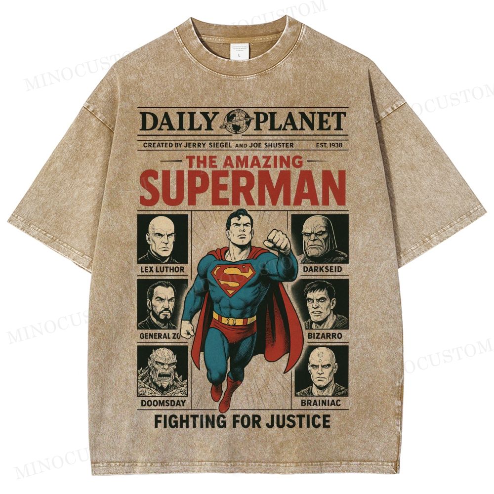 Superman Superhero Retro Comic Collage Graphic Washed T-Shirt