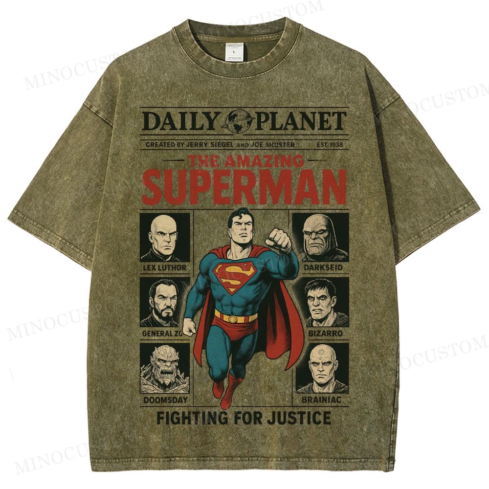 Superman Superhero Retro Comic Collage Graphic Washed T-Shirt