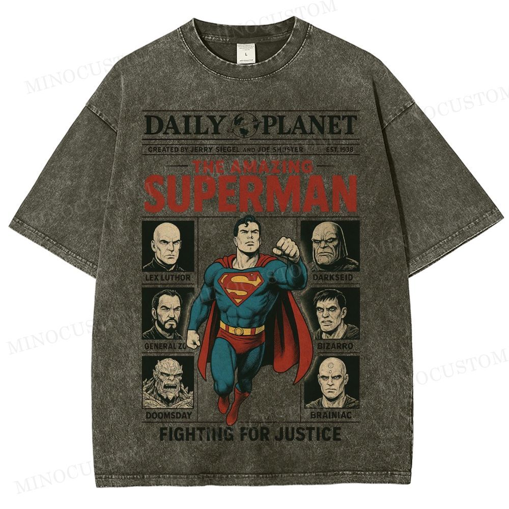 Superman Superhero Retro Comic Collage Graphic Washed T-Shirt