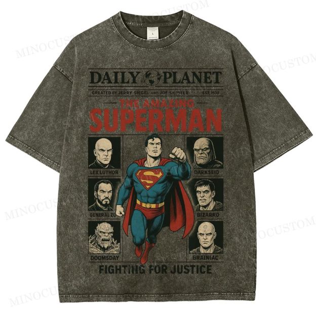 Superman Superhero Retro Comic Collage Graphic Washed T-Shirt
